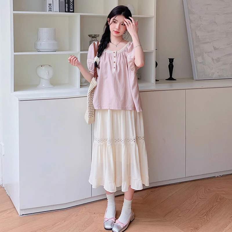 孕妇套装2024夏季韩版新款宽松时尚甜美丝拼接短袖衬衫半身裙两件