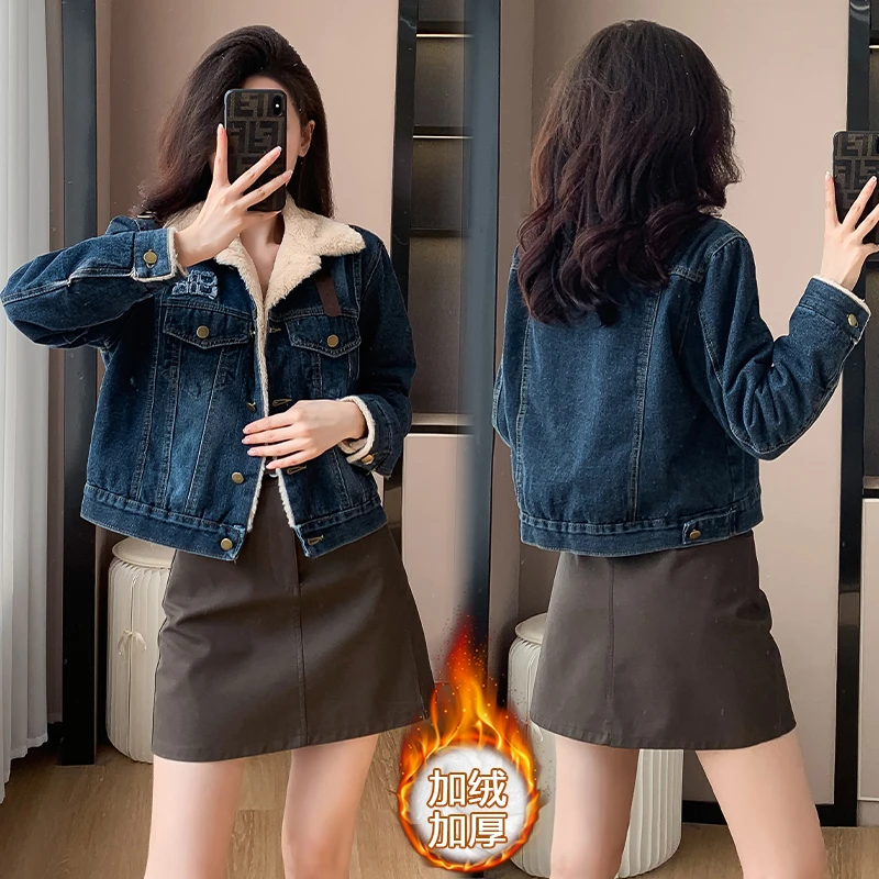 秋冬款时尚复古加绒牛仔外套女高级感冬季2023年新款小个子加厚上