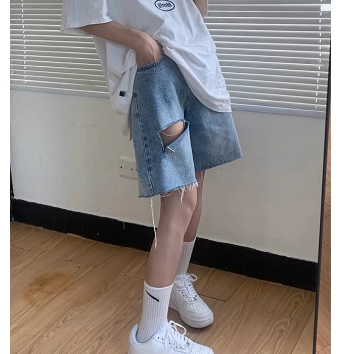 孕妇裤牛仔短裤夏季宽松五分裤时尚破洞外穿孕妇夏天大码休闲中裤