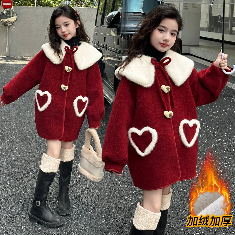 2024新款女童加绒加绒年服外套中大童时髦喜庆呢大衣儿童汉服女款