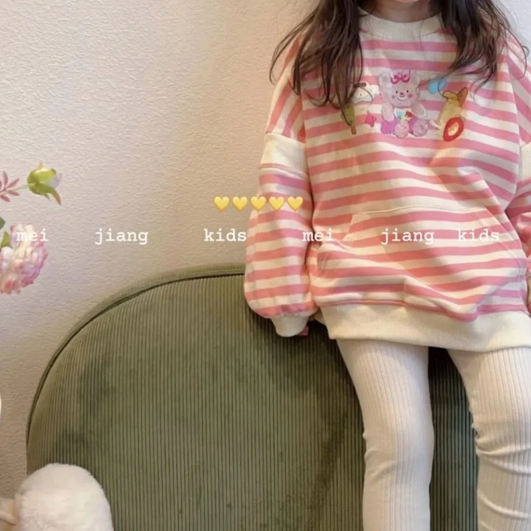 女童秋装卫衣休闲中小童条纹套头衫宽松长袖打底衫洋气两件套百搭