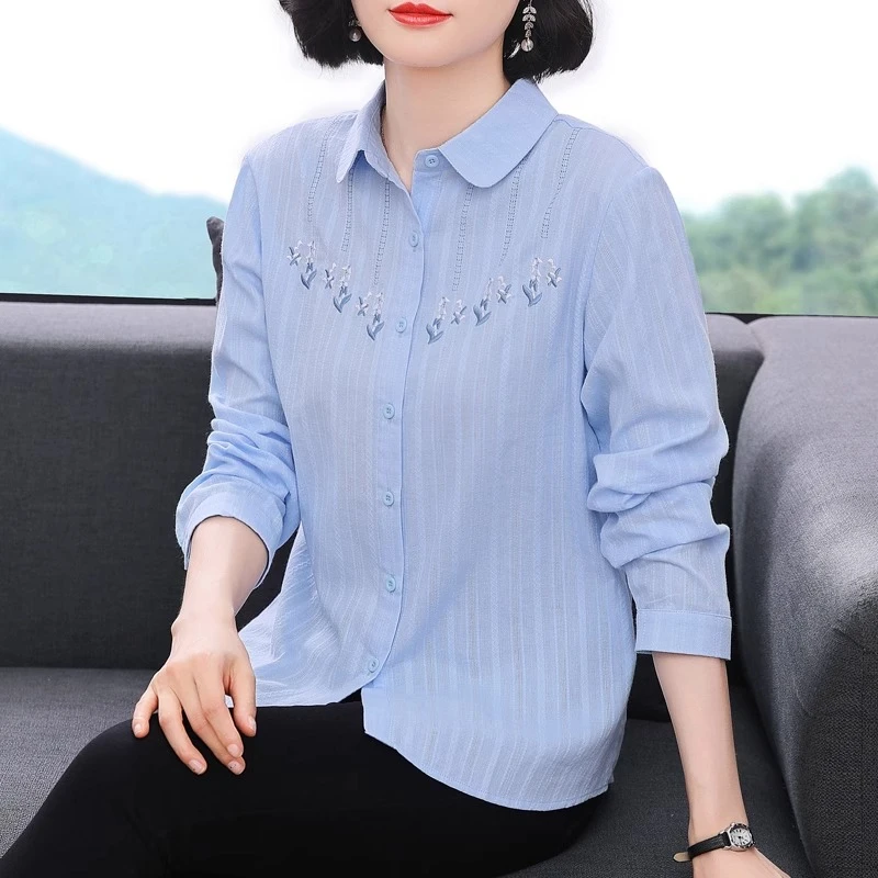 中年妈妈纯棉提花刺绣长袖衬衣女秋装2025新款全棉洋气休闲上衣服
