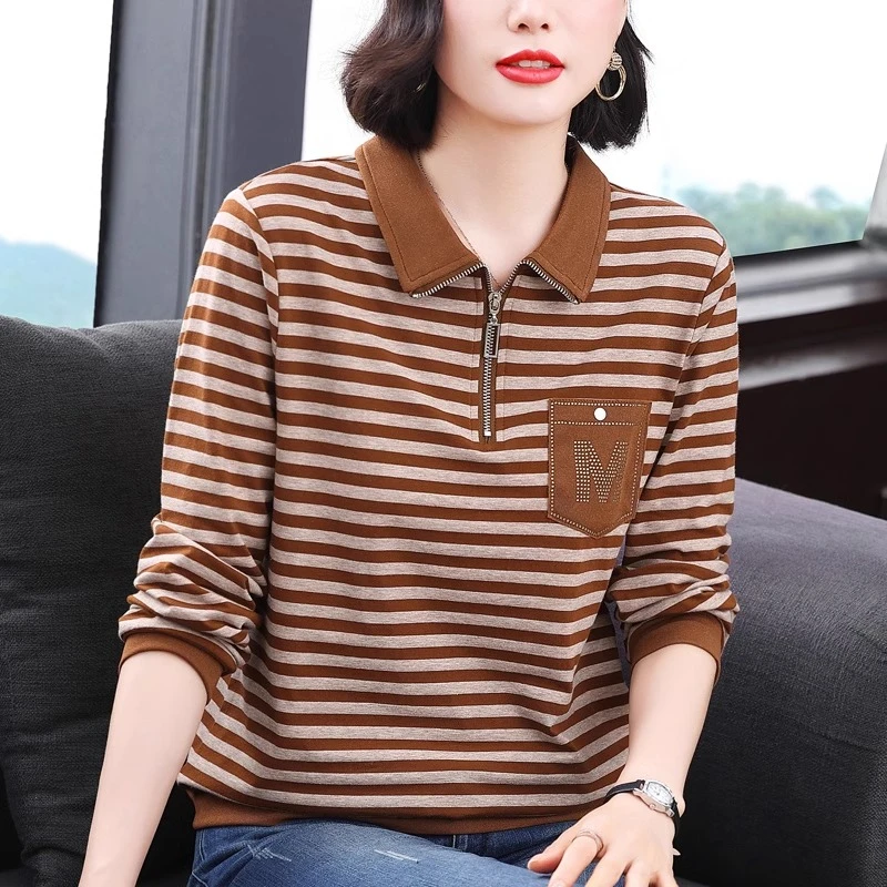 2025新款春秋纯棉条纹长袖t恤女中年妈妈polo衫翻领洋气翻领上衣