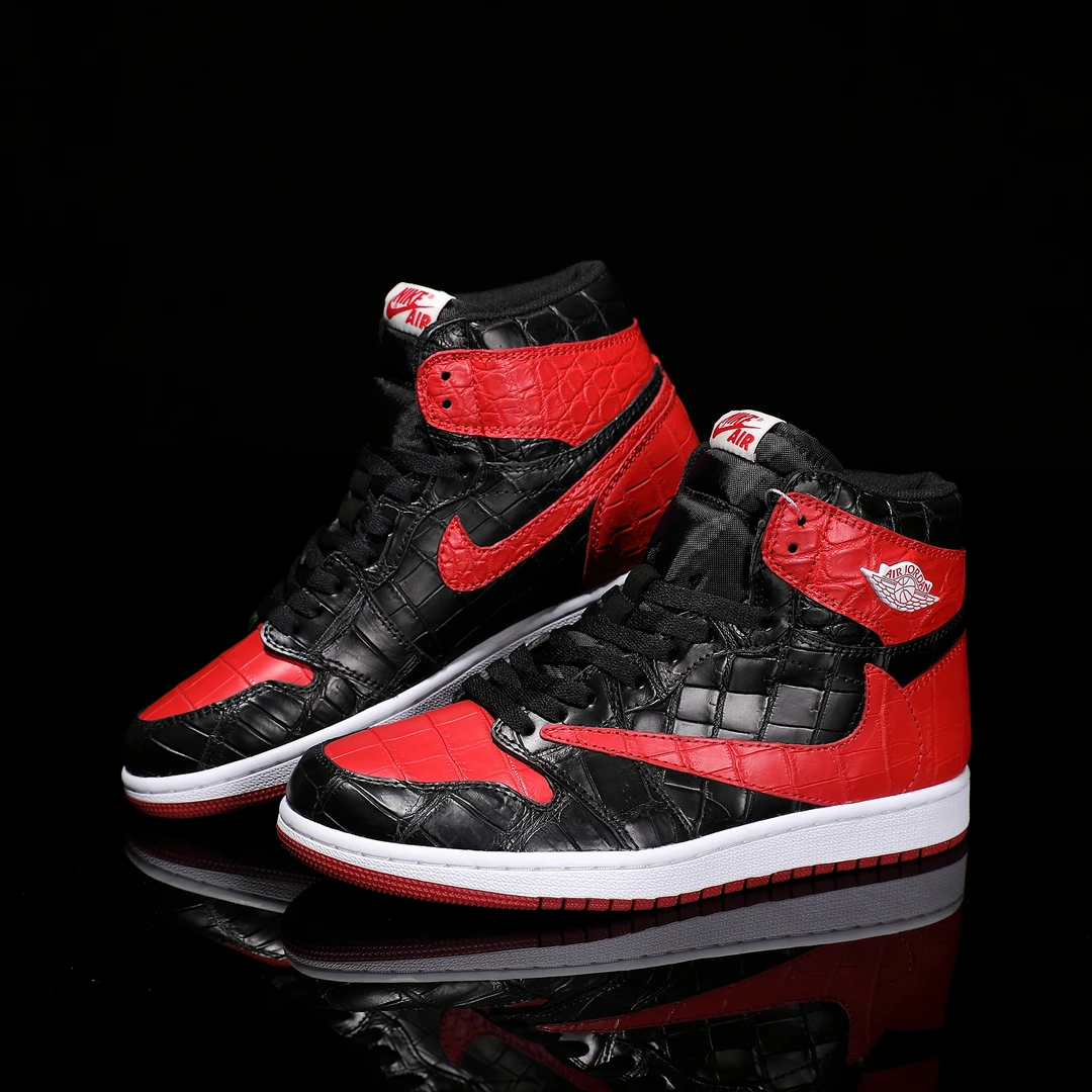 NIKE/耐克AJ黑红禁穿鳄鱼皮潮流【定制球鞋】休闲低帮球鞋百搭透气