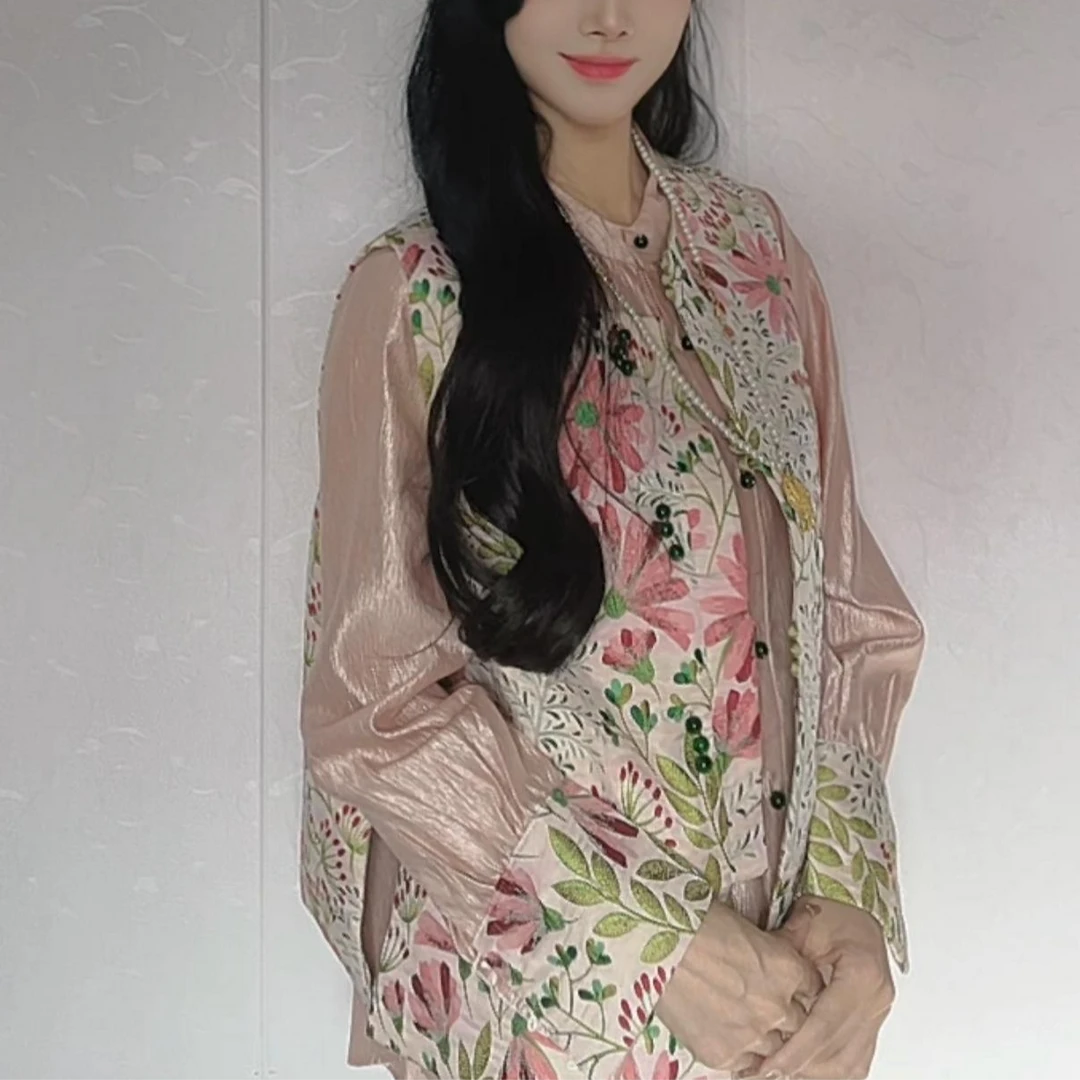 名品汇原创时尚新中式刺绣重工两件套百搭国风套装（粉+绿花）