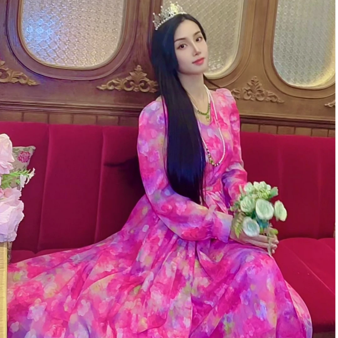 【漫步花海】长袖新款连衣裙重工提花法式浪漫度假风显瘦系带大裙摆