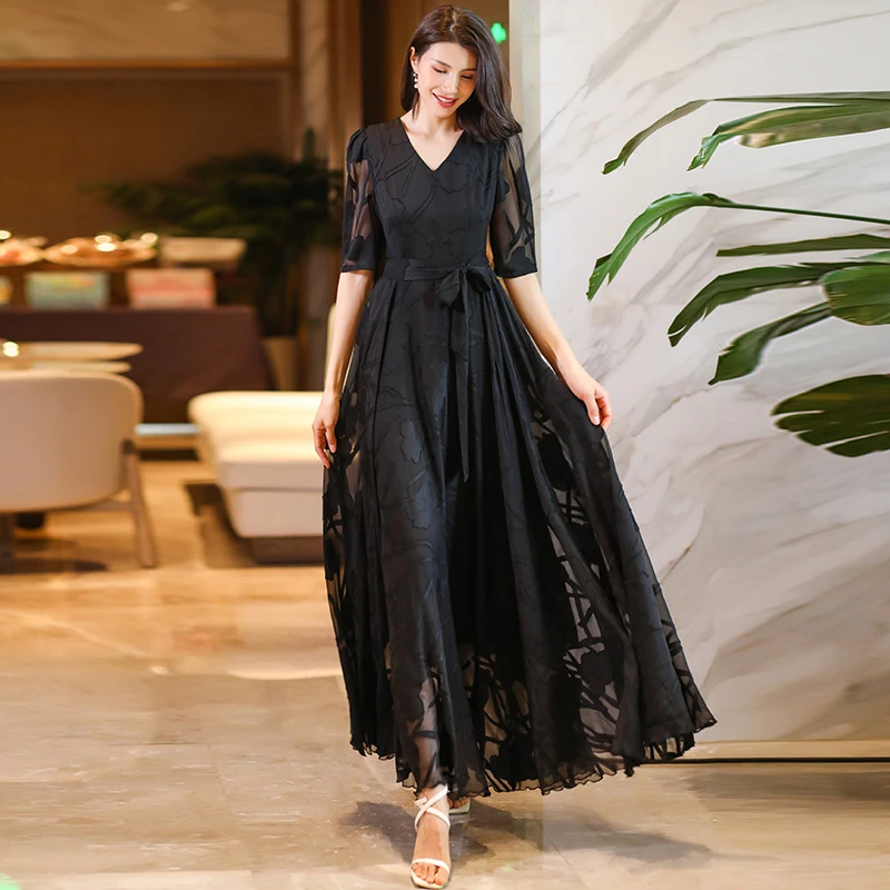 香衣丽华夏大码优雅礼服高贵收腰v领气质五分袖黑色通勤大摆长裙