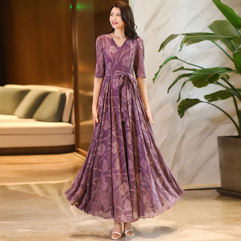 香衣丽华夏季紫色优雅提花时尚显瘦气质长裙通勤五分袖轻奢连衣裙