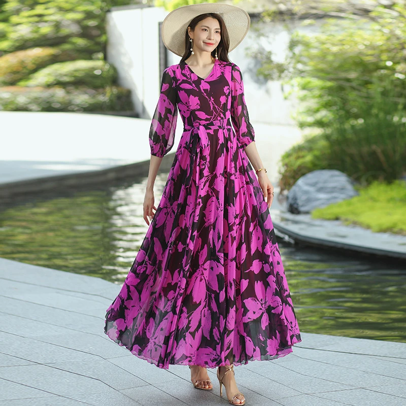 香衣丽华（09款239号花）长款过膝大摆连衣裙修身显瘦气质简约长裙