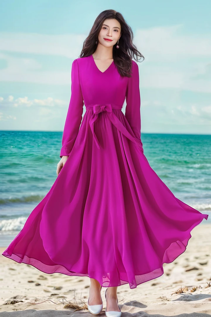 香衣丽华07-玫红灯篓袖长款过膝大摆连衣裙修身显瘦气质简约长裙