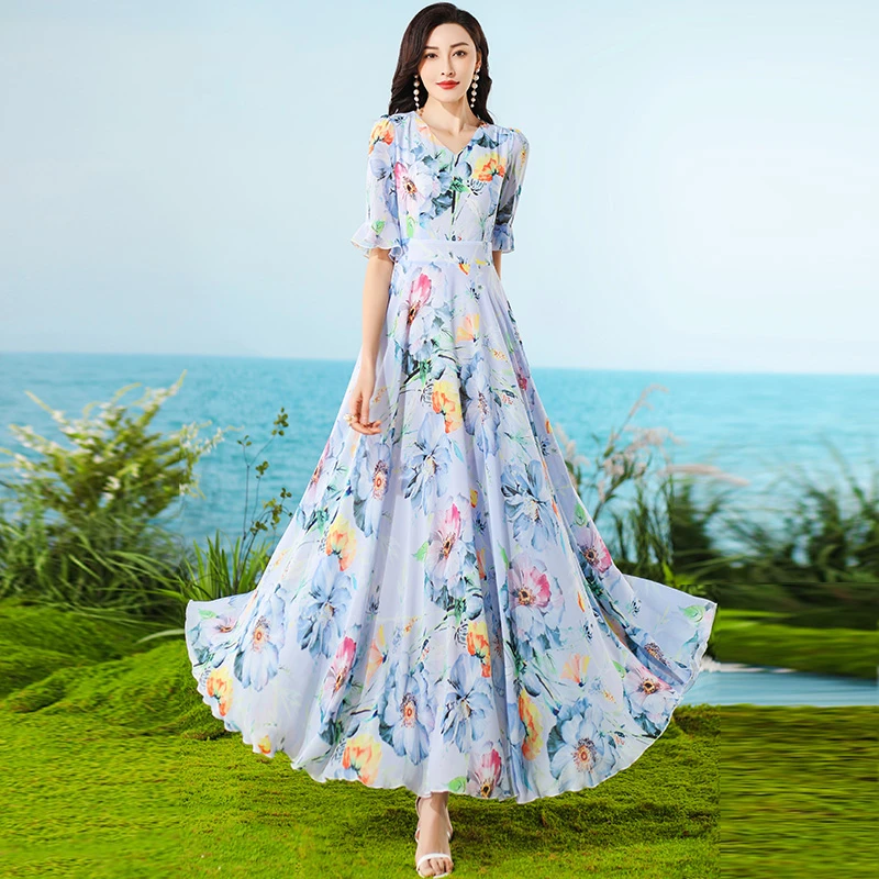 香衣丽华夏新款气质V领五分袖长款度假连衣裙修身显瘦长款连衣裙