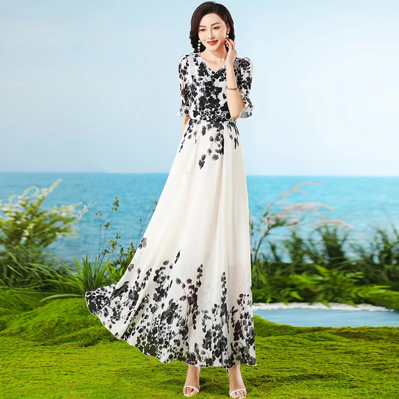 香衣丽华夏季喇叭袖长款大摆裙花色套头中腰通勤气质度假大摆长裙