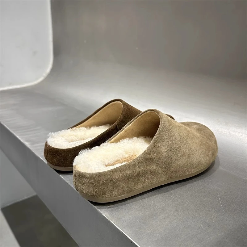 复古勃肯鞋加绒保暖包头拖鞋女2024秋冬新款磨砂皮乐福鞋爆款棉鞋