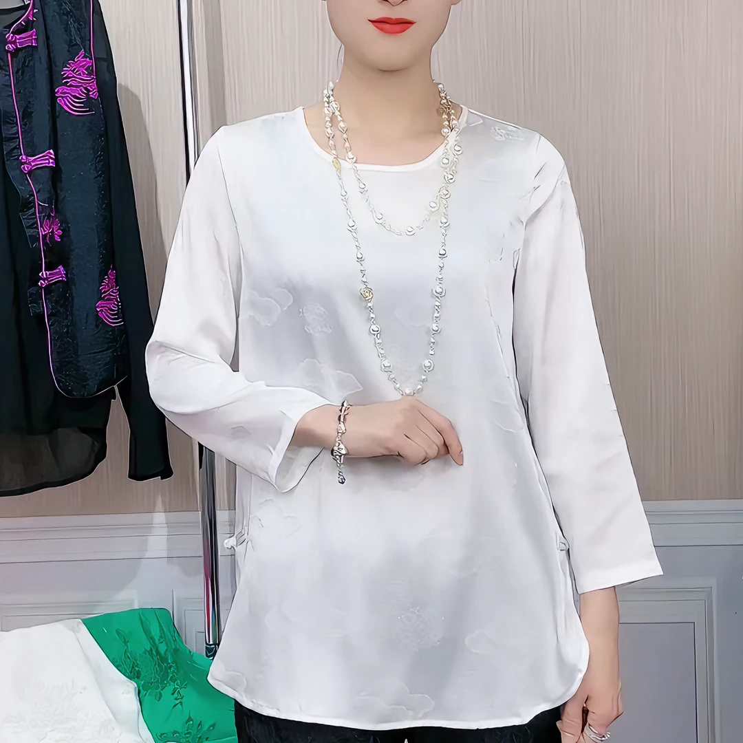 林夕女装中国风气质提花工艺中式复古夏季圆领衬衫