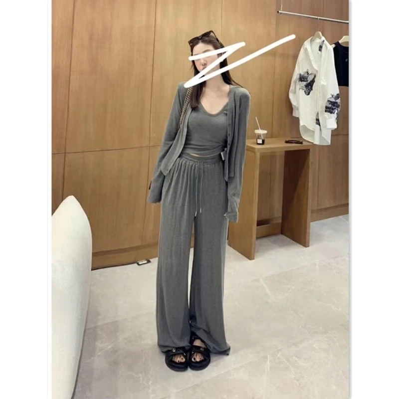 现现 拖地裤！【纯欲风三件套】吊带背心+开衫外套+高腰休闲裤套装