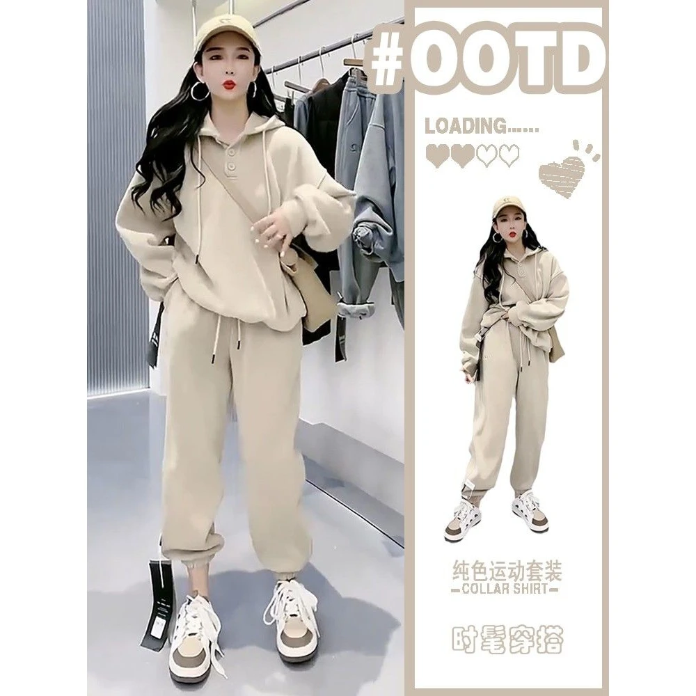 休闲加绒卫衣套装女新款2025秋冬装圆领连帽上衣束脚裤运动两件套