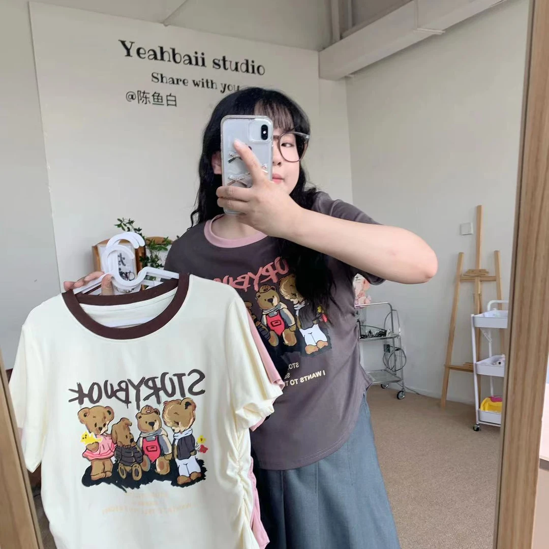 大码女装新款胖妹显瘦遮肉简约字母飞袖圆领宽松T恤
