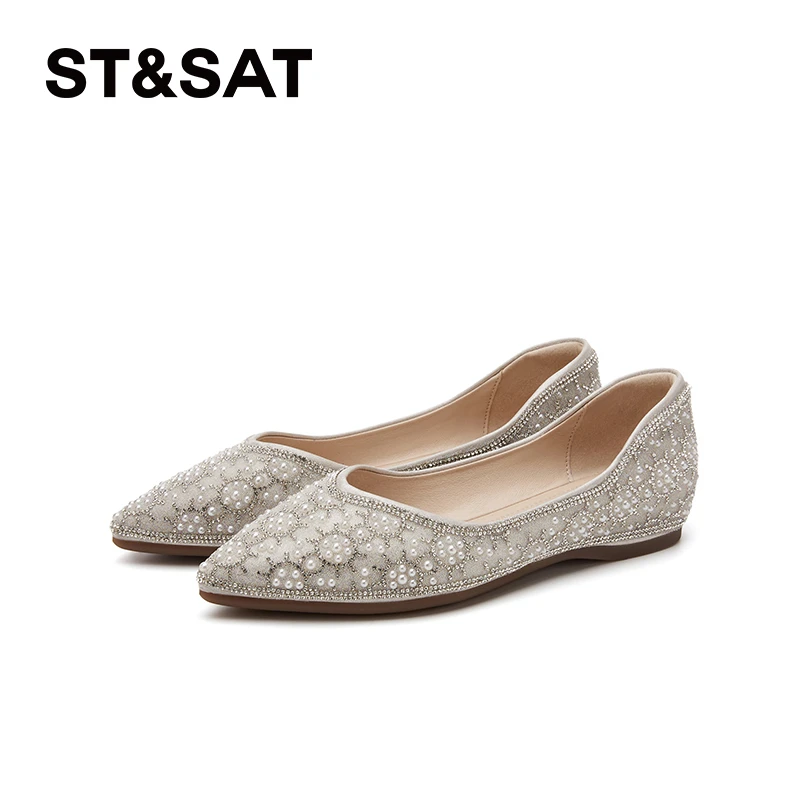 【新款上新】ST&SAT/星期六女气质水钻珍珠单鞋浅口尖头平底鞋1975