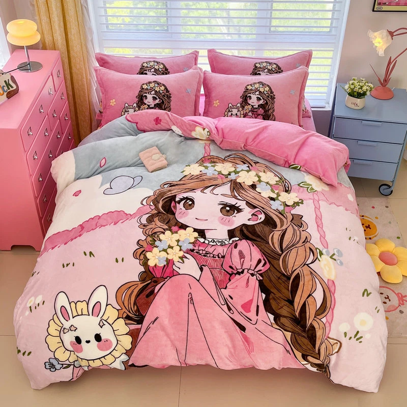 A类牛奶绒四件套1.5双人床加厚保暖卡通1.2m床学生宿舍加绒三件套