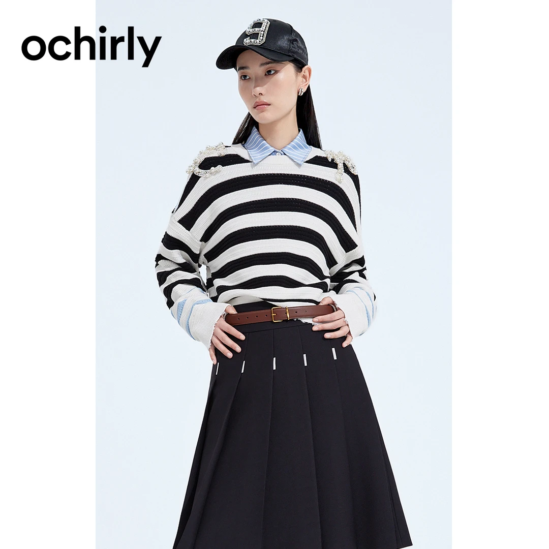 3471【CC王专属】 欧时力 法式条纹慵懒风针织衫秋装手钉珍珠亮钻