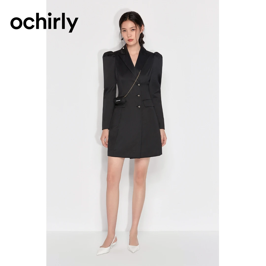 &OCHIRLY 欧时力 半精纺呢西装连衣裙 复古羊腿袖挎包气质