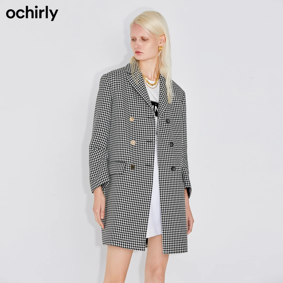 ochirly欧时力 千鸟格中长款西装外套女冬装双排扣休闲宽松