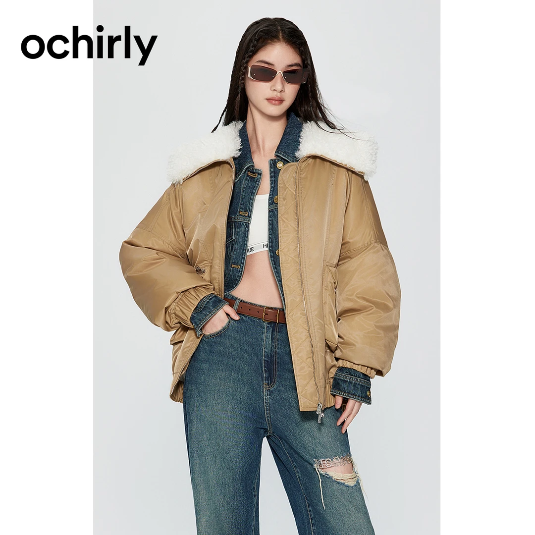 【机能系列】欧时力 仿毛领轻羽绒外套女冬装宽松中长夹克慵懒感