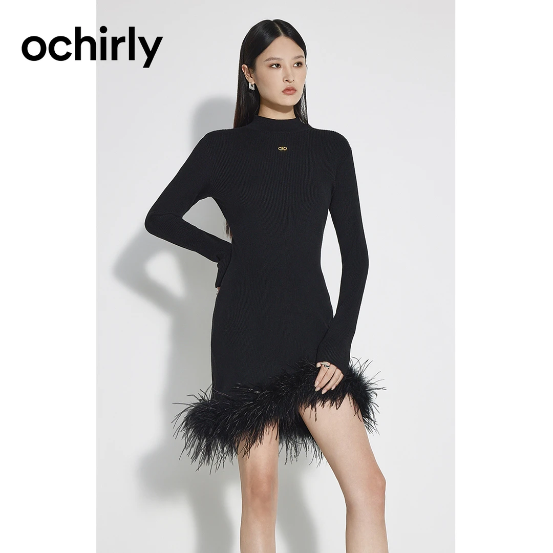ochirly欧时力禽毛流苏毛织连衣裙秋烟管领修身热力感1WY408143F