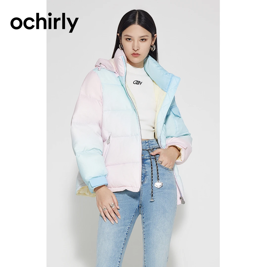 ochirly欧时力 可拆帽保暖中长羽绒服冬装渐变宽松时尚外套女
