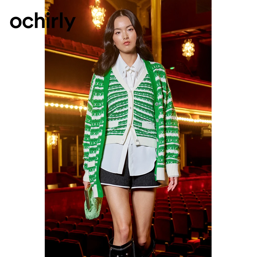 ochirly/欧时力 黑标系列 条纹中长针织外套开衫V领小香风
