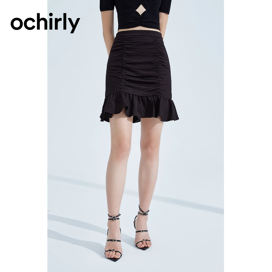 ochirly欧时力夏装荷叶边缩褶包臀半身裙中裙1WY2070650显瘦