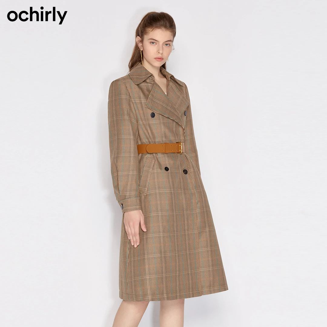 ochirly欧时力 冬装配腰带格子排扣长款风衣外套女1NY3362910