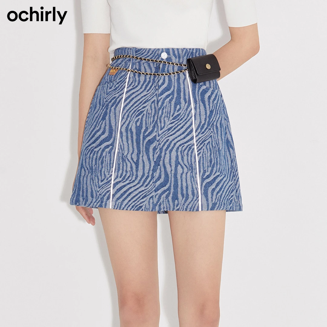 ochirly欧时力 新品斑马纹提花a字短裙牛仔半身裙1NC307789N
