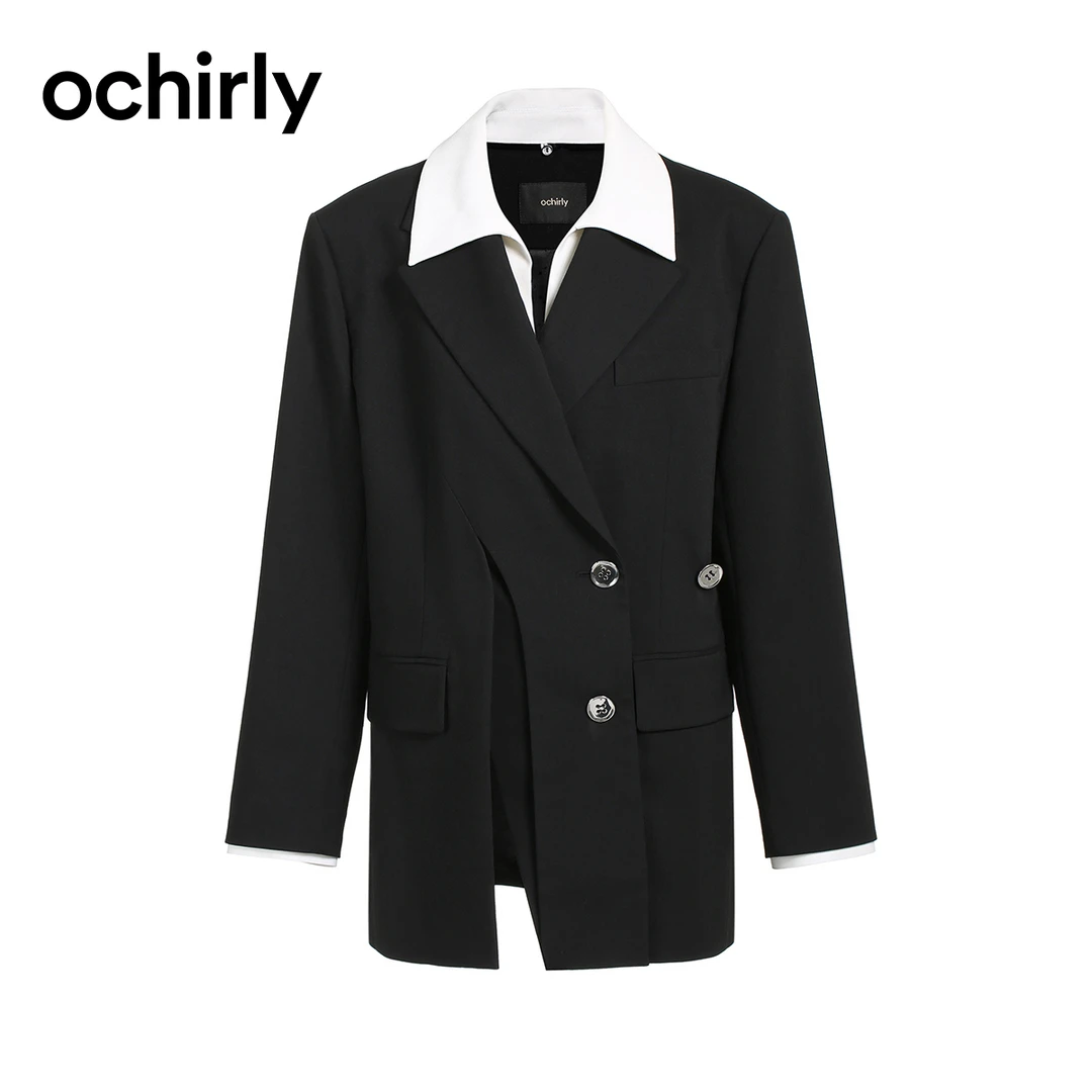 黑标系列欧时力中长款西装外套女配活动领设计感气质黑色