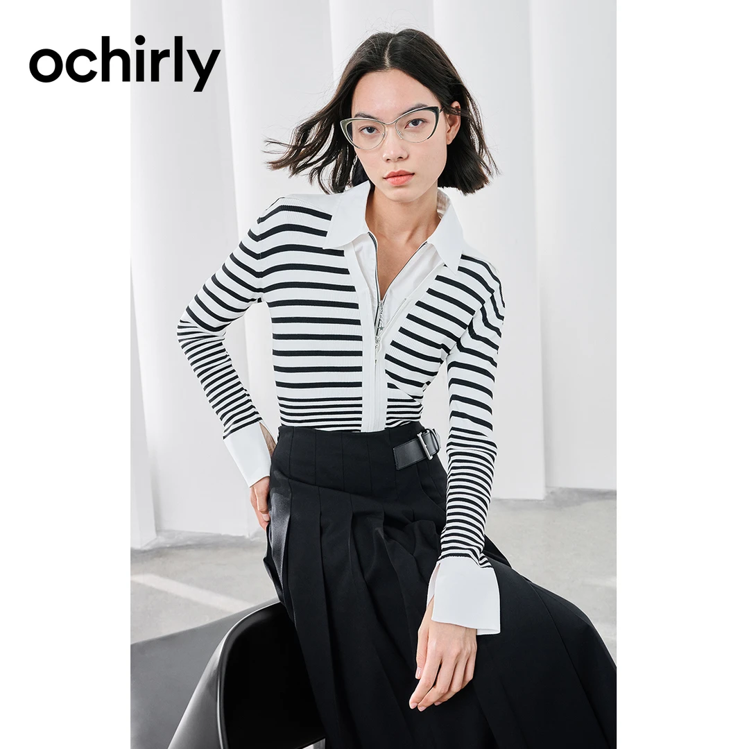 7038[赵老板专属]欧时力 V翻领条纹针织衫新款秋装修身学院风复古