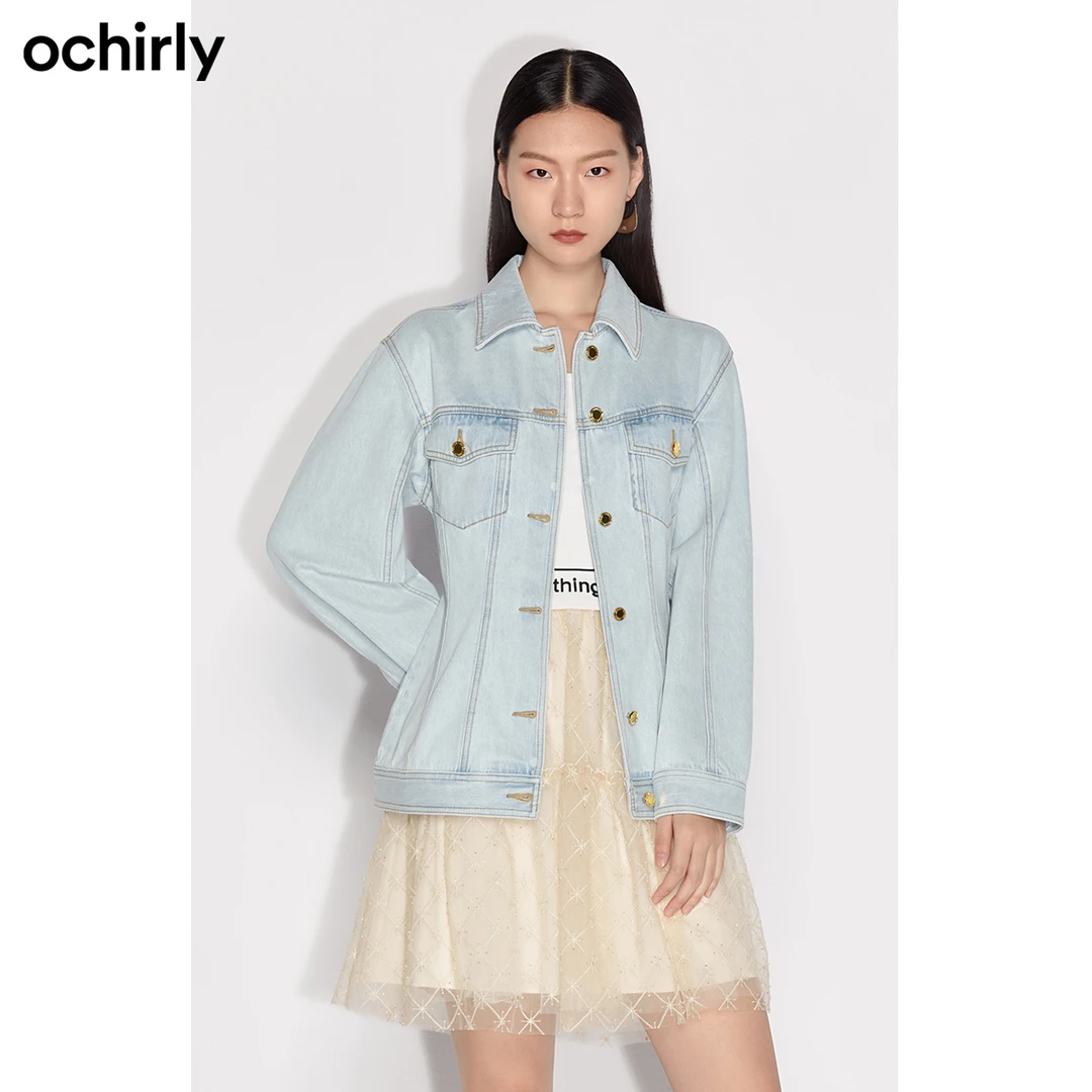 ochirly欧时力 纯棉牛仔外套女春装字母烫钻收腰休闲工装风上衣
