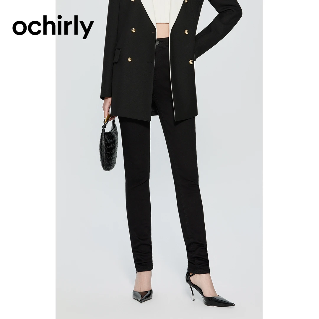 ochirly欧时力 加绒高腰小脚牛仔裤女秋冬修身显瘦铅笔裤