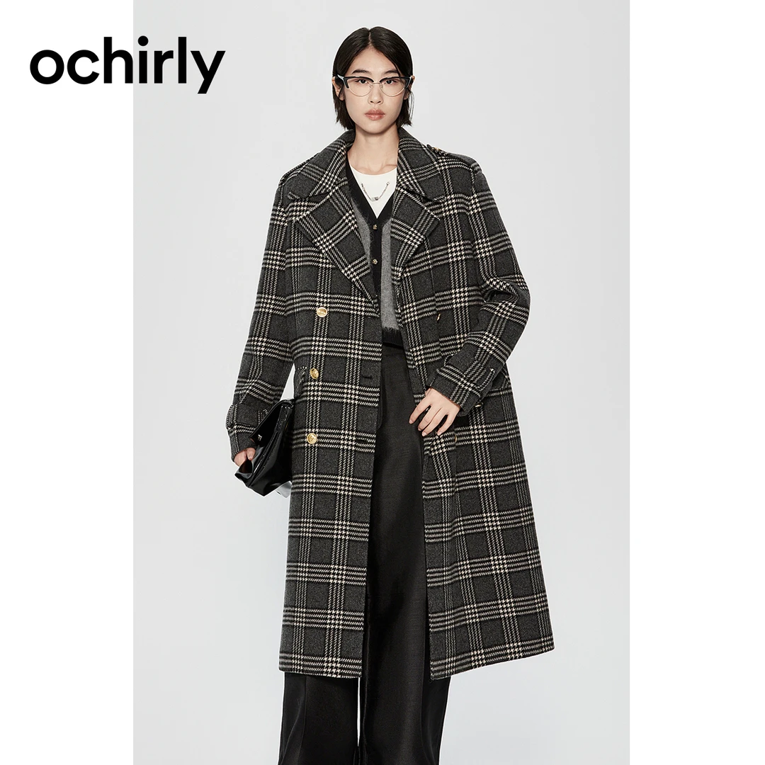 【高奢大衣】欧时力澳洲进口绵羊毛双面呢格子外套冬装静奢风