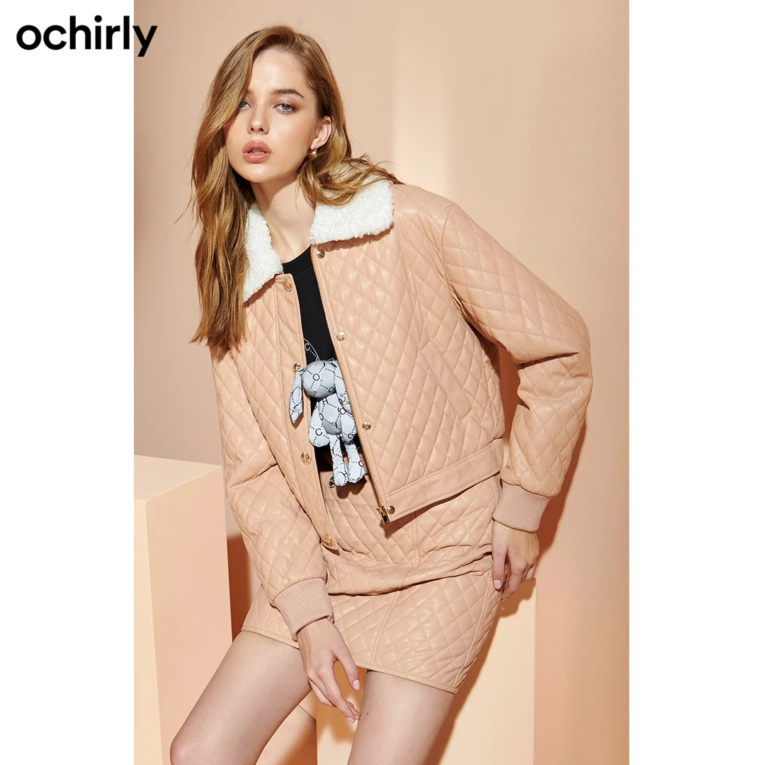 ochirly欧时力仿毛领菱格帅气街头外套女时尚酷女孩时髦气质修身
