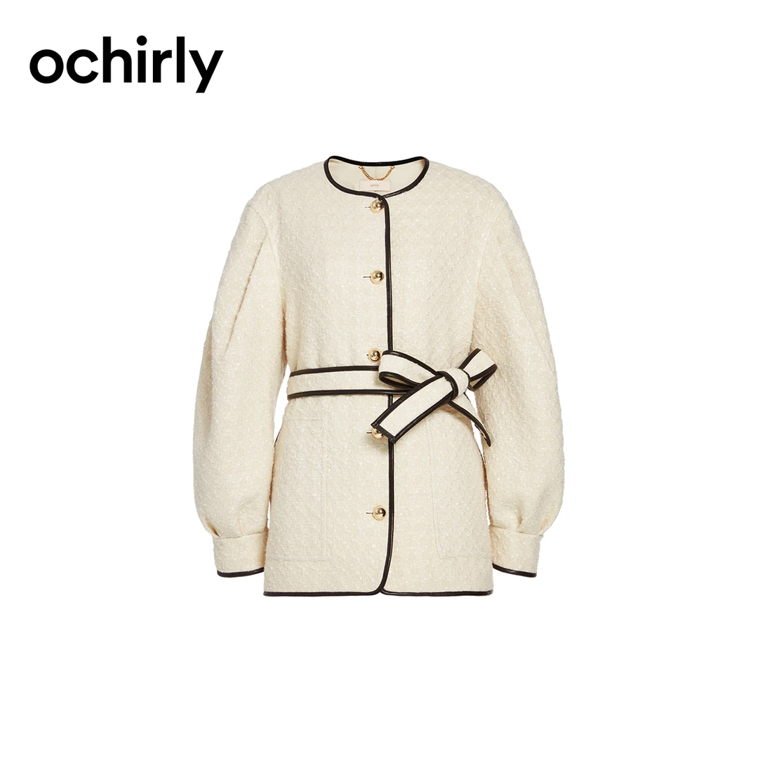 ochirly欧时力 珠片纱小香风外套 冬装撞皮中长款腰带千金玛德琳