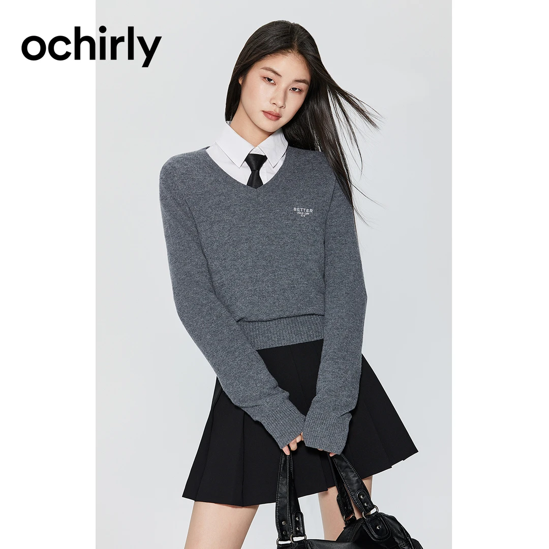 【澳洲进口100羊毛】ochirly欧时力 软糯SPA肌理 V领针织毛衣女秋
