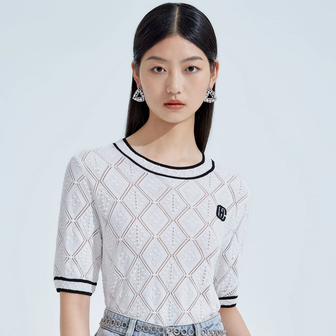 &OCHIRLY 黑标系列欧时力菱格镂空短袖针织衫女轻薄肌理感