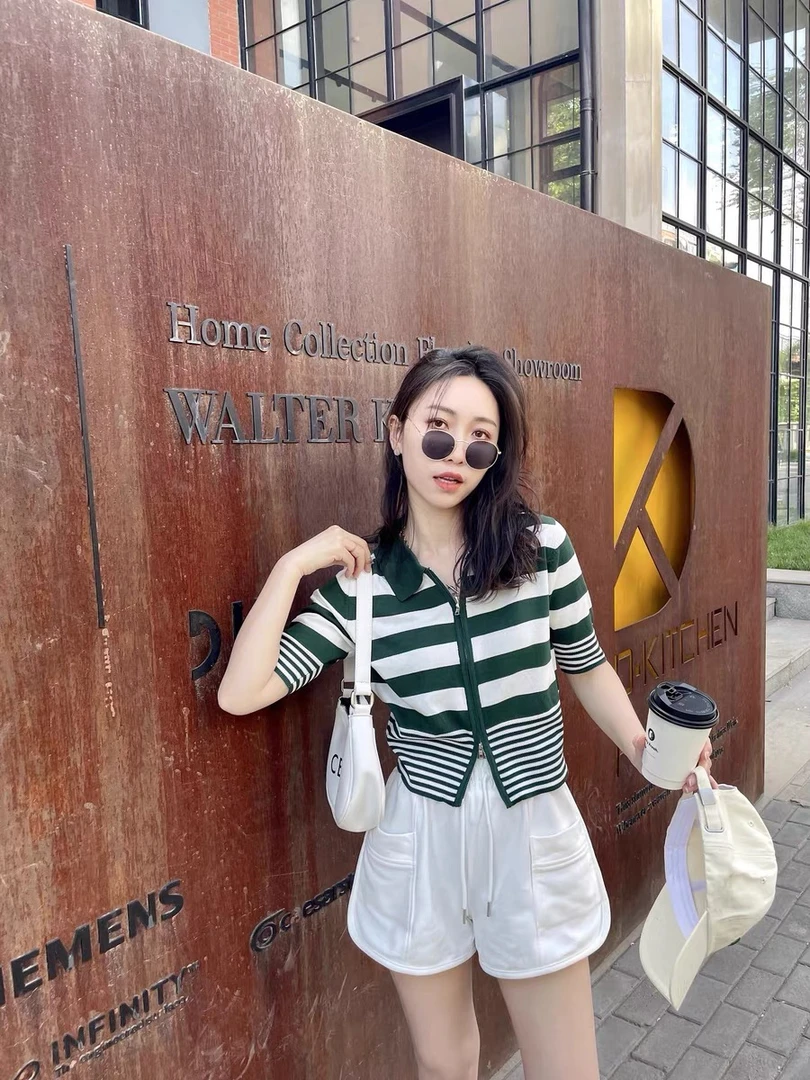 叶子小姐【条纹POLO衫】短袖薄针织拉链开衫夏宽松翻领冰丝TX12