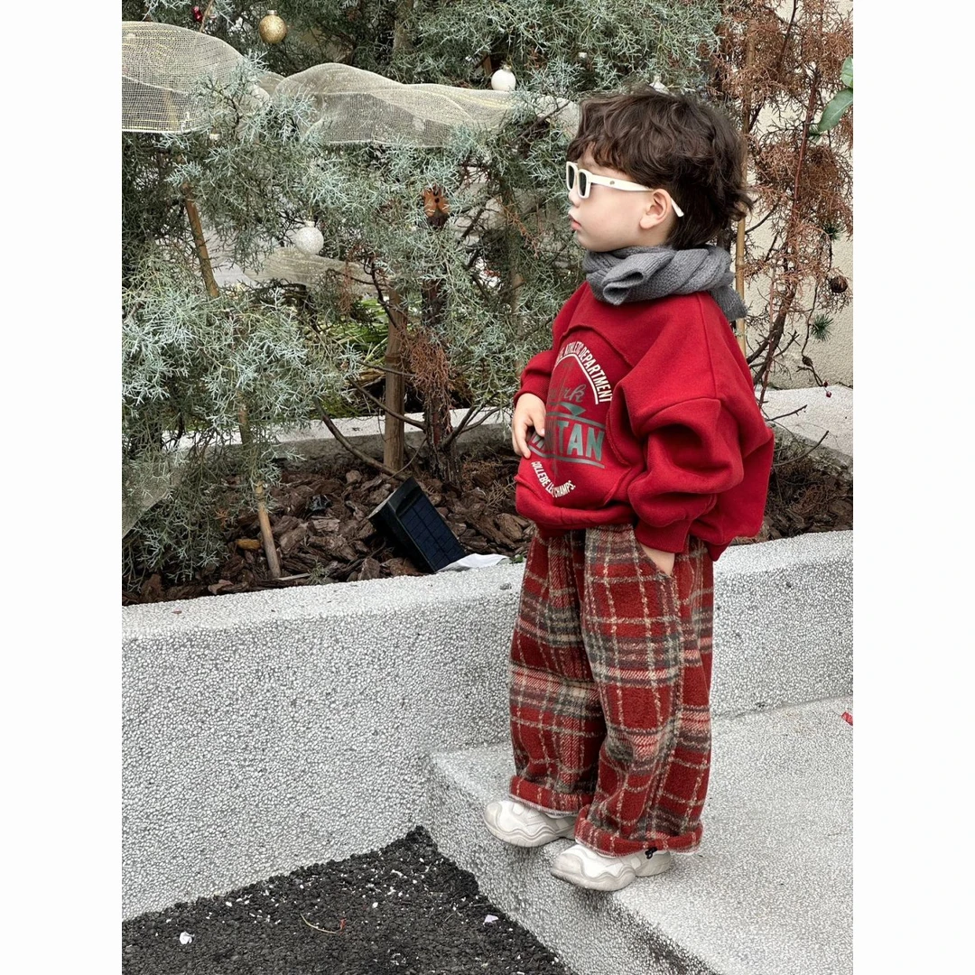 儿童新款秋冬加绒一体绒休闲套装小童圣诞限定套装男女宝拜年服