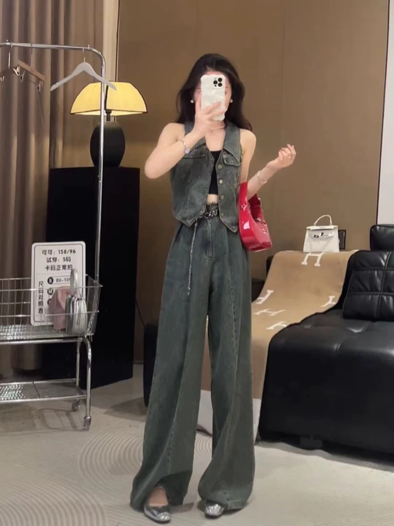 港味复古设计感牛仔辣妹露背吊带上衣高腰阔腿裤时尚两件套装女夏