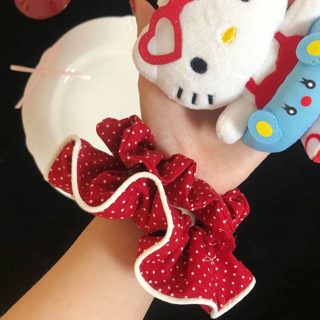 高颜值kt的复古红波点发圈! 韩式复古波点少女可爱甜美中国风发圈