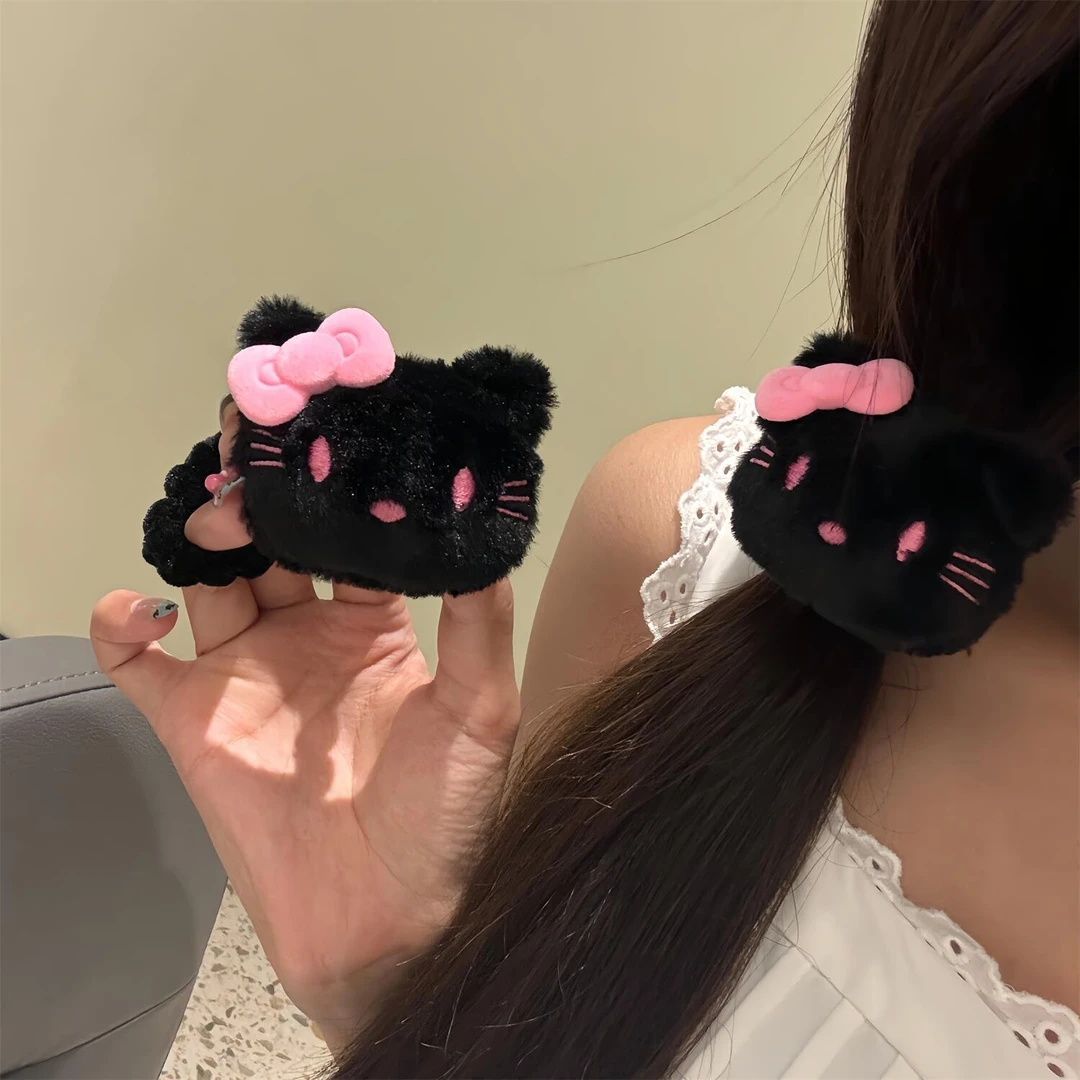 Black pink黑粉配色 毛绒Kitty发圈发绳发饰甜美可爱粉色蝴蝶结