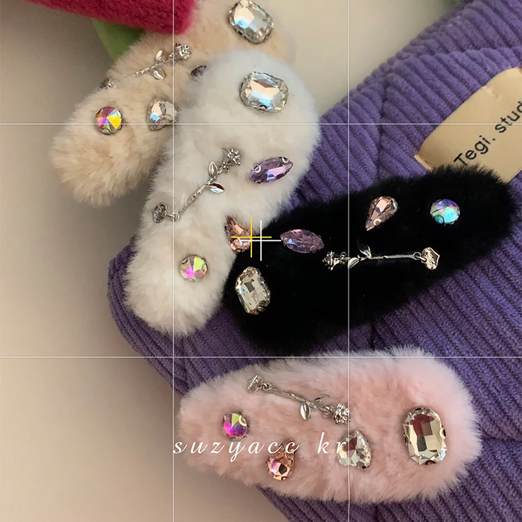 玫瑰毛绒发夹镶毛毛发夹毛绒刘海夹碎发夹边夹2022新款发饰