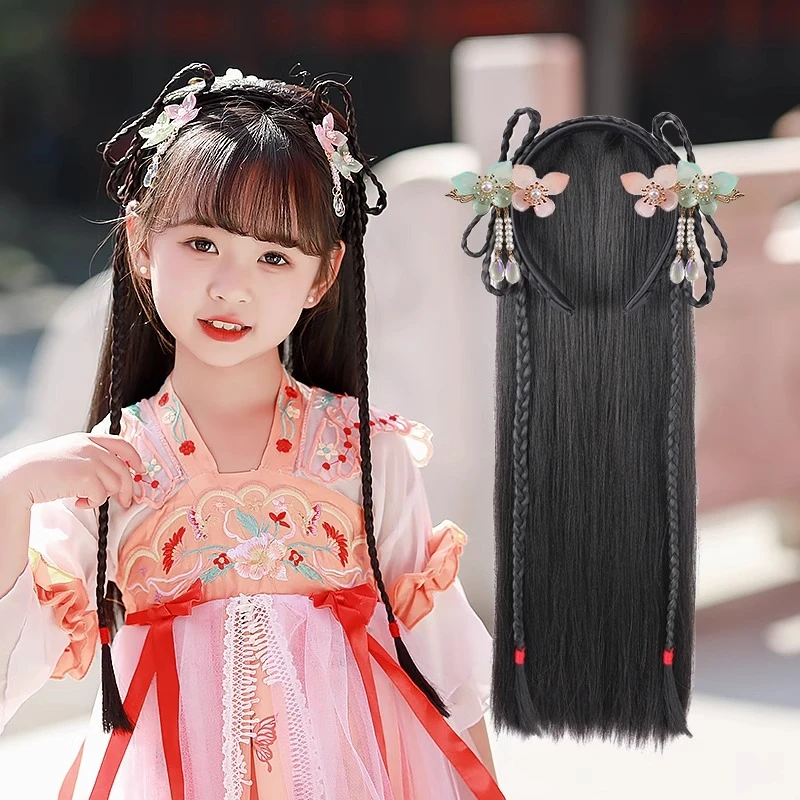儿童简单假发头饰女童冬古装一体式发箍古装长直发片古风发饰发髻