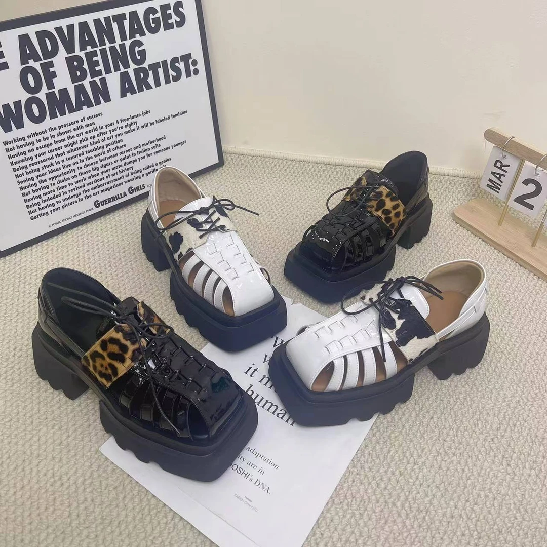 夏季百搭时尚玛丽珍马毛厚底方头罗马包头凉鞋女真皮显瘦镂空皮鞋